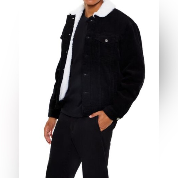 Forever 21 Men’s size S  Black Corduroy Faux Sheep Jacket  Pockets - Picture 2 of 12